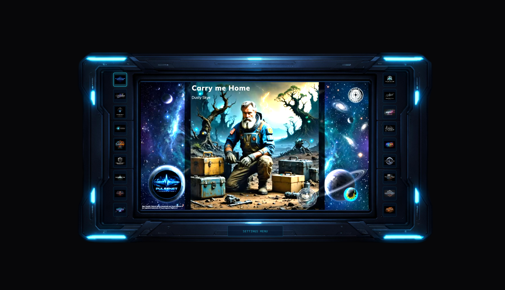 PulseNet Player overlay showing the sci-fi frame with station buttons and a track playing